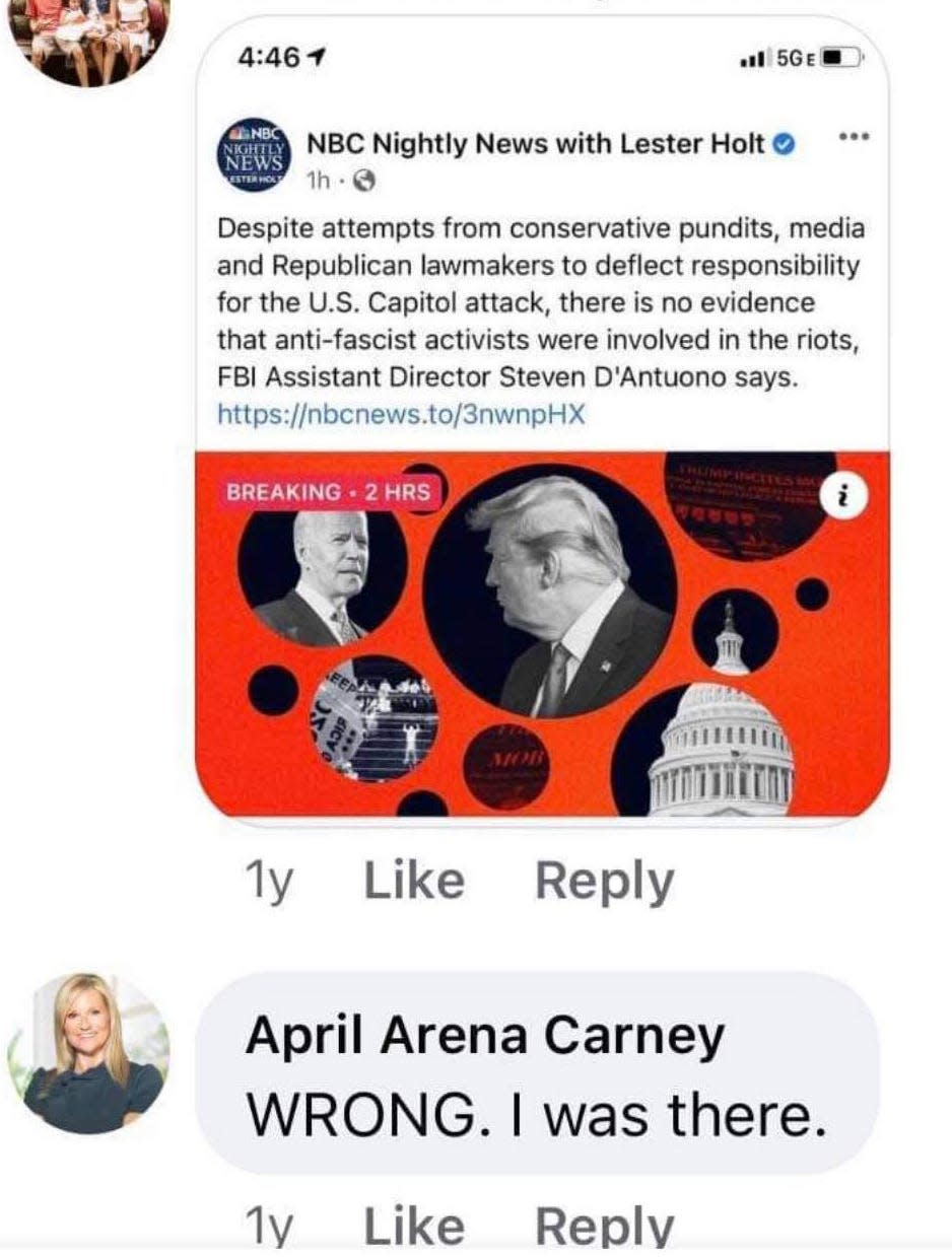 This apparent screen grab of a Facebook posting about the Jan. 6, 2021 U.S. Capitol riot, and the apparent response, were posted on Twitter in a message ridiculing April Carney's Duval County School Board campaign. Carney's campaign denies she wrote anything.