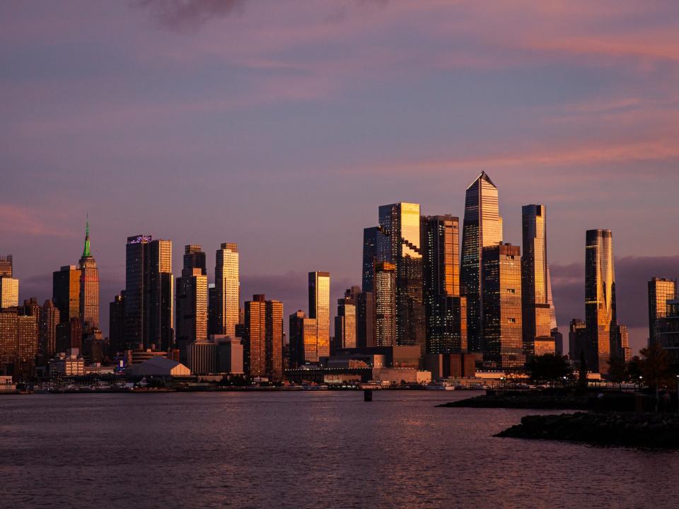 The New York City skyline at sunset