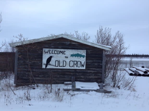 Sign in Old Crow, Yukon. The community of approximately 260 people is the only consistently-occupied location on Vuntut Gwitchin settlement land.  (Leonard Linklater/CBC - image credit)