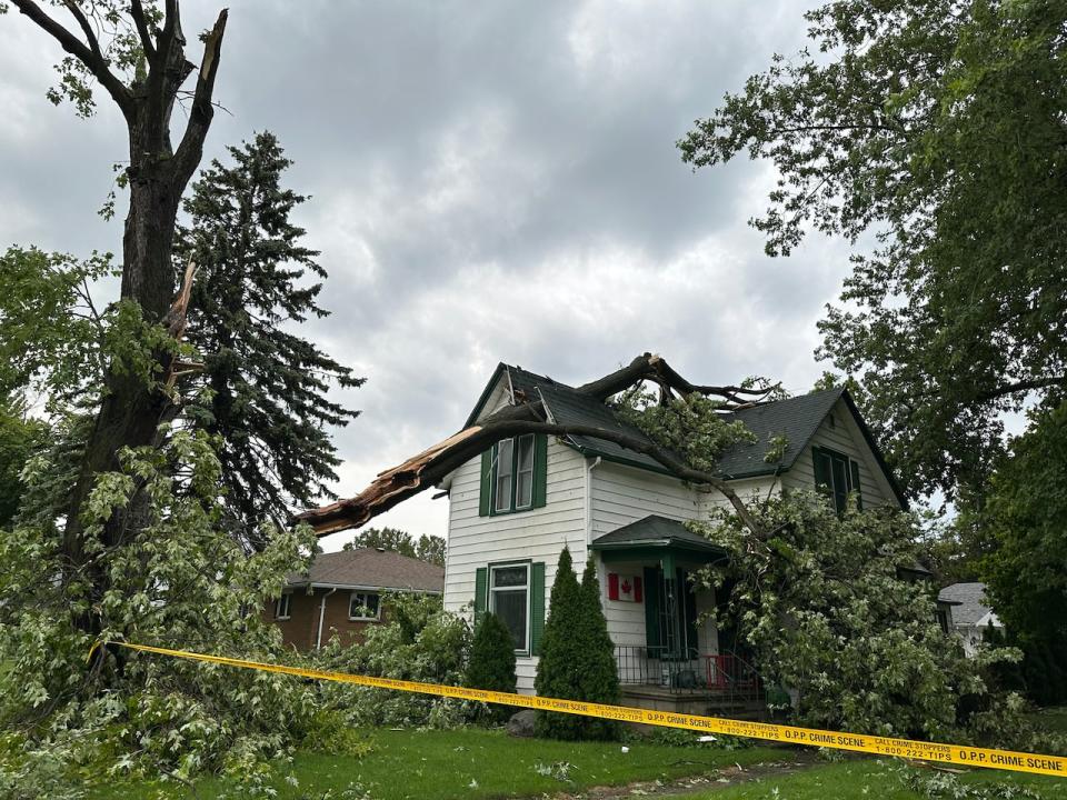 A home in Harrow had severe damage from a tree that blew over during a massive thunderstorm on Wednesday, July 26, 2023. 