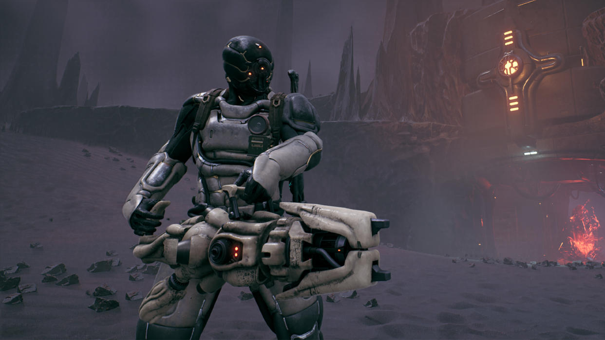  Remnant 2 Engineer Archetype player holding large minigun turret 