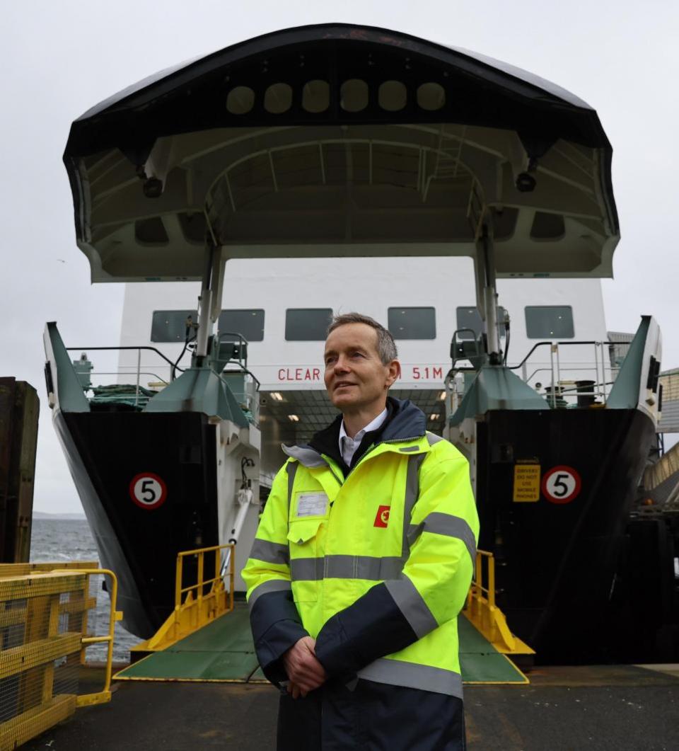 HeraldScotland: Robbie Drummond, chief executive of CalMac Ferries Ltd. Robbie is pictured at Wemyss Bay with the MV Bute CalMac ferry in the background...  Photograph by Colin Mearns.2 February 2023.