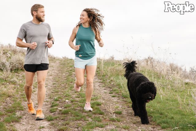 <p>Jessica Parker</p> Patricia Salazar and her husband Aaron Toro going for a run with their dog