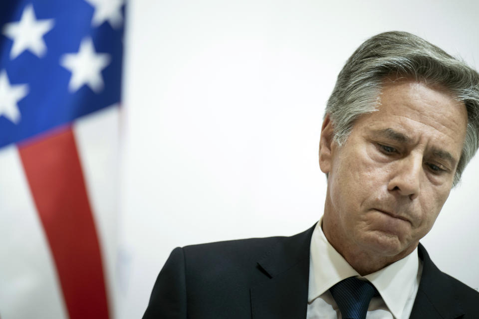 U.S. Secretary of State Antony Blinken listens during a news conference with Ukraine's Foreign Minister Dmytro Kuleba at the Ministry of Foreign Affairs in Kyiv, Ukraine, Wednesday, Sept. 6, 2023. (Brendan Smialowski/Pool via AP