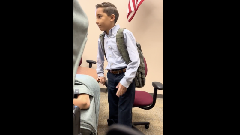 Still from a video capturing Jaiden, a 12-year-old boy who attends the Vanguard School in Colorado Springs, Colorado, who was removed from school over his Gadsen flag patch