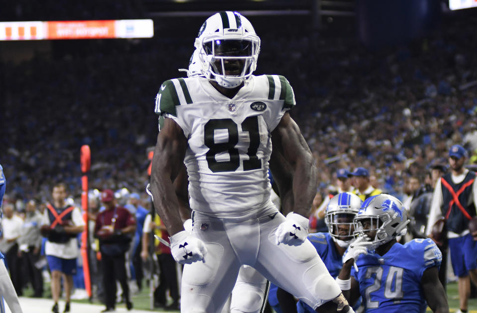 New York Jets wide receiver Quincy Enunwa (81) celebrates his 21-yard touchdown reception against the Detroit Lions during the second half of an NFL football game in Detroit, Monday, Sept. 10, 2018. (AP Photo/Jose Juarez)