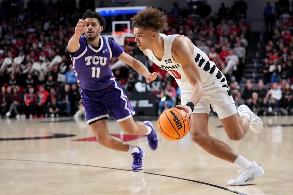 Dan Skillings Jr. (0) had the game-winning basket for UC Tuesday vs. No. 19 TCU after missing a pair of free throws in regulation that might have won the game.