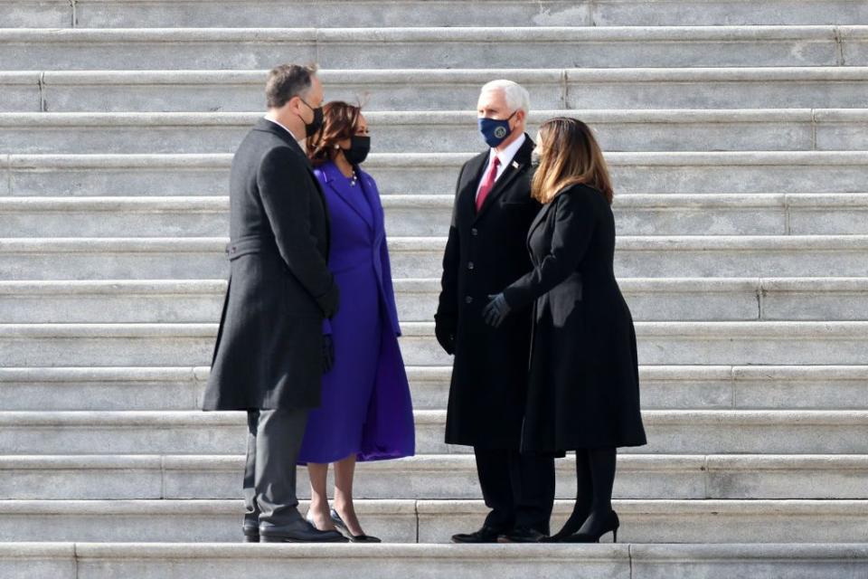 <p>As Donald Trump famously broke with tradition, choosing to shun the inauguration ceremony and depart for his Florida residence of Mar-A-Lago early, his Vice President Pence continued with the status quo. As Joe and Jill Biden did not escort the former president and First Lady down the stairs of the US Capitol, Kamala and Doug Emhoff did with Mike and Karen Pence.</p>