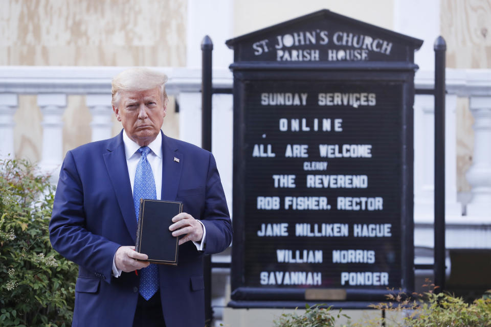 US President Donald J. Trump poses with a bible outside St. John's Episcopal Church after delivering remarks in the Rose Garden at the White House in Washington, DC, USA, 01 June 2020. Trump addressed the nationwide protests following the death of George Floyd in police custody.