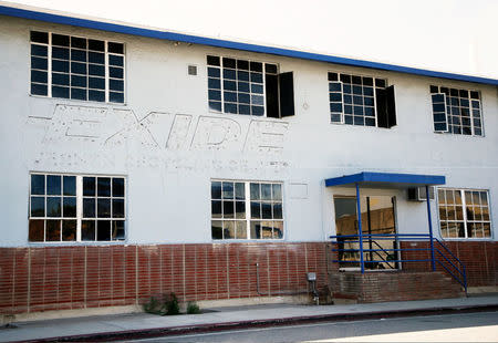 A building from the the now closed Exide factory, a former battery recycling facility in Vernon that has contaminated the surrounding area with lead in its soil, is seen without a logo attached in Vernon, California, United States April 5, 2017. REUTERS/Danny Moloshok