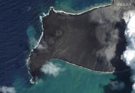This satellite image provided by Maxar Technologies shows a closer view of Hunga Tonga Hunga Ha’apai volcano in Tonga on Jan. 6, 2022, before a huge undersea volcanic eruption. (Satellite image ©2022 Maxar Technologies via AP)