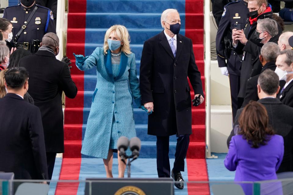 President-elect Joe Biden and his first lady-to-be Jill Biden arrive for the 59th Presidential Inauguration at the U.S. Capitol in Washington, Jan. 20, 2021.