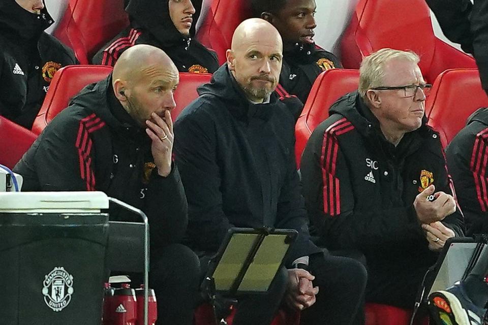 Manchester United manager Erik ten Hag (centre) saw his side humiliated at Anfield (Peter Byrne/PA) (PA Wire)