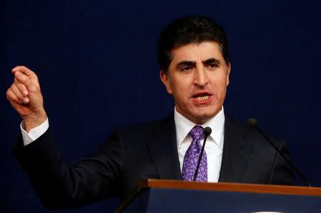 FILE PHOTO - Kurdish region's Prime Minister Nechirvan Barzani speaks during a news conference in Erbil, Iraq November 20, 2017. REUTERS/Azad Lashkari