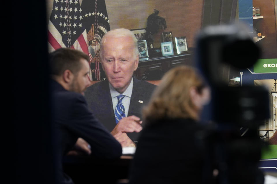 President Joe Biden listens as he attends virtually an event in the South Court Auditorium on the White House complex in Washington, Monday, July 25, 2022. Biden, who continues to recover from his coronavirus infection, spoke virtually with business executives and labor leaders to discuss the Chips Act, a proposal to bolster domestic manufacturing. (AP Photo/Susan Walsh)