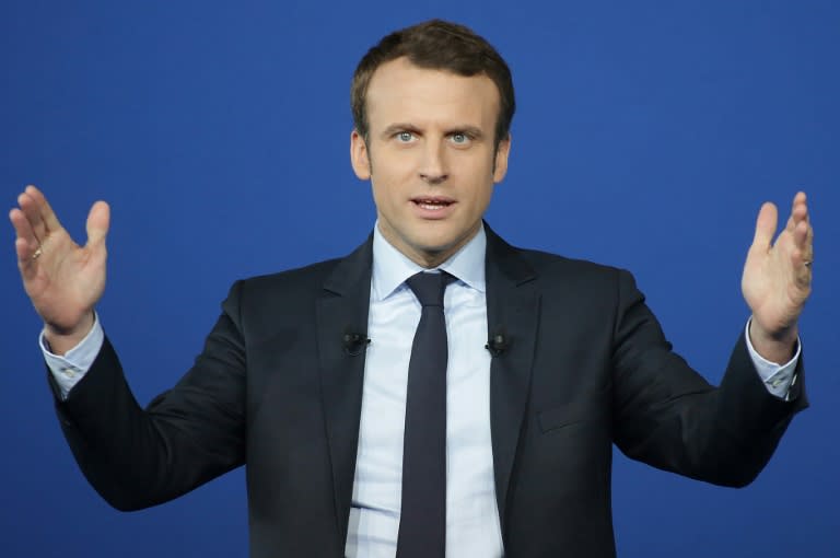 French presidential election candidate for the "En Marche" movement Emmanuel Macron delivers a speech during a meeting in Saint-Priest-Taurion, central France, on February 25, 2017