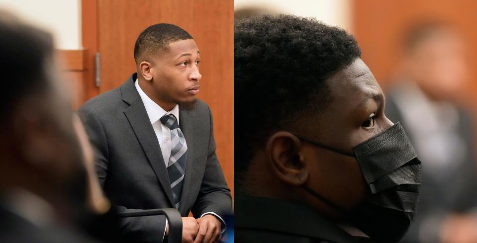 Amir Riep, left, and Jahsen Wint, right, both 24 and former defensive players for the Ohio State University football team, listen to jury selection Monday during the start of their trial in Franklin County Common Pleas Court.