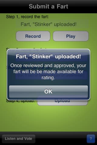 Fart Contest: Ein Traum für jeden Flatulenz-Fetischisten: Die iPhone-App „Fart Contest“ nimmt die eigenen Pups-Geräusche auf und lässt diese von anderen Nutzern der App bewerten. Besitzer der App können dem Internet sei Dank auch anderen Usern beim Entweichen ihrer Gase lauschen. (Bild: Screenshot)