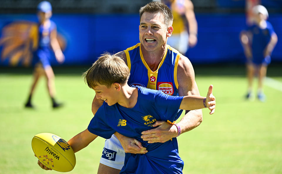 Ben Cousins, pictured here during a West Coast Eagles parents v kids match at Optus Stadium.