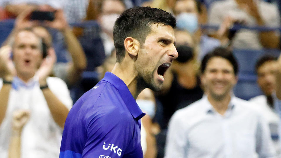 Pictured here, Novak Djokovic roars in delight after his quarter-final win at the US Open.