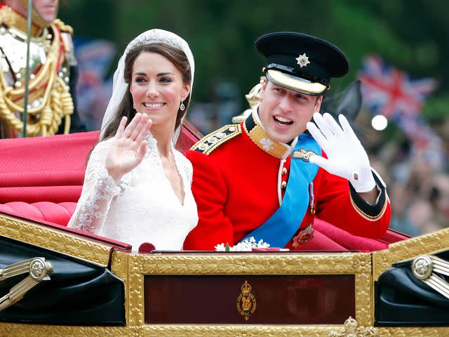 <p>Max Mumby/Indigo/Getty</p> Kate Middleton and Prince William waving to the crowd on their wedding day