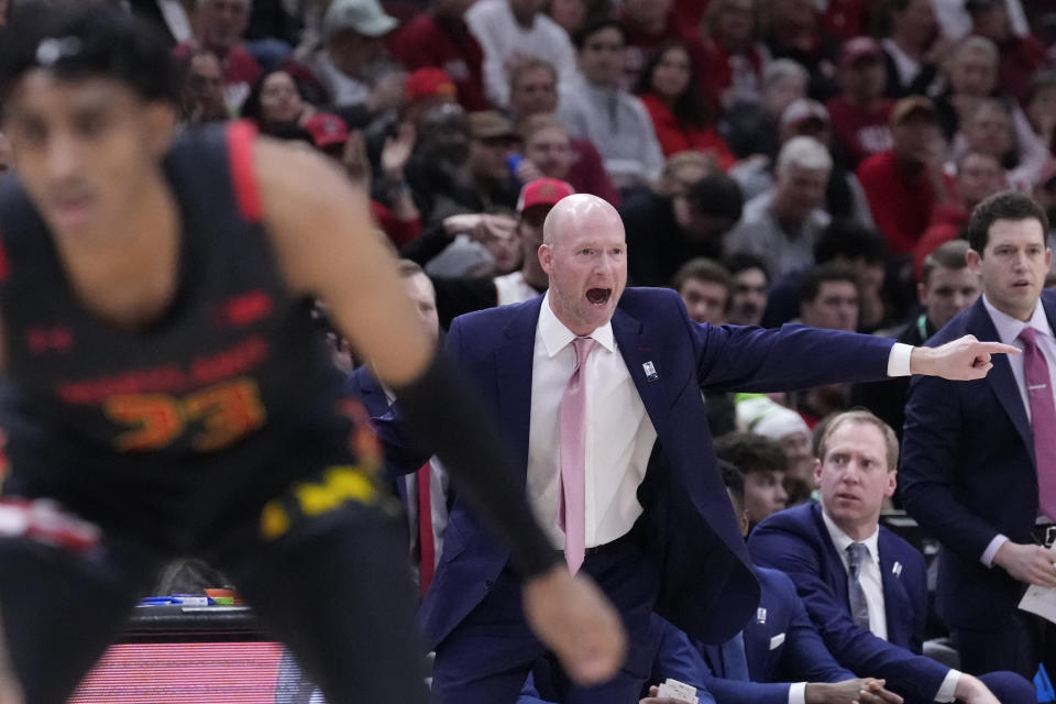 Maryland head coach Kevin Willard directs his team during the first half of an NCAA college basketball game against Indiana at the Big Ten men's tournament, Friday, March 10, 2023, in Chicago. (AP Photo/Charles Rex Arbogast)