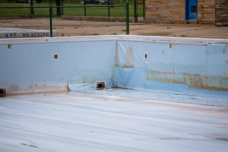 A view of the deteriorating pool liner Tuesday at Potawatomi Park pool in South Bend.