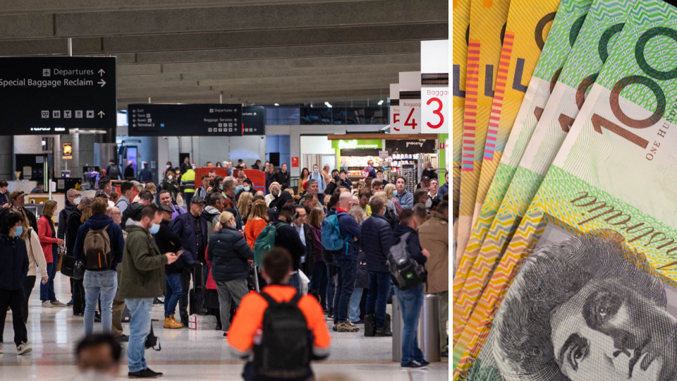 Passengers wait at Sydney airport and Australian currency to demonstrate the expense of travelling.