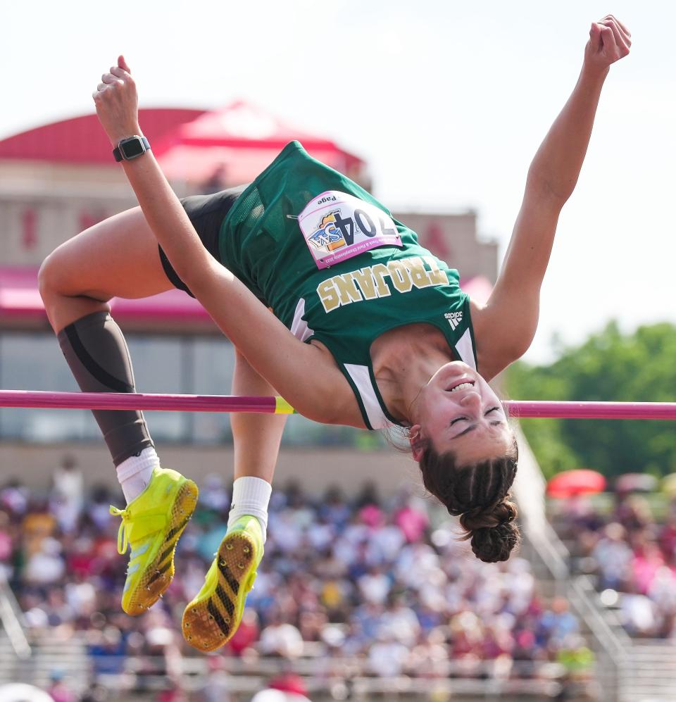 Wood Memorial's Josie Page competes in the high jump Saturday, June 3, 2023, during the IHSAA girls track and field state finals at Robert C. Haugh Track and Field Complex at Indiana University in Bloomington. 