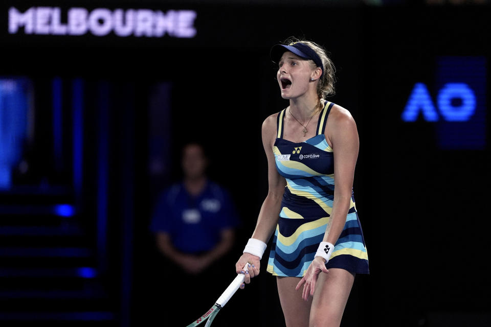 Dayana Yastremska of Ukraine reacts during her semifinal against Zheng Qinwen of China at the Australian Open tennis championships at Melbourne Park, Melbourne, Australia, Thursday, Jan. 25, 2024. (AP Photo/Andy Wong)