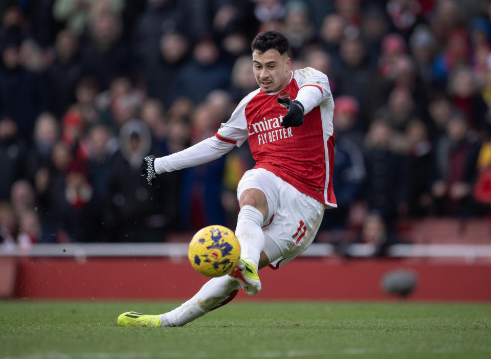 LONDON, ENGLAND - JANUARY 20: Gabriel Martinelli of Arsenal scores the fifth goal during the Premier League match between Arsenal FC and Crystal Palace at Emirates Stadium on January 20, 2024 in London, England. (Photo by Visionhaus/Getty Images)