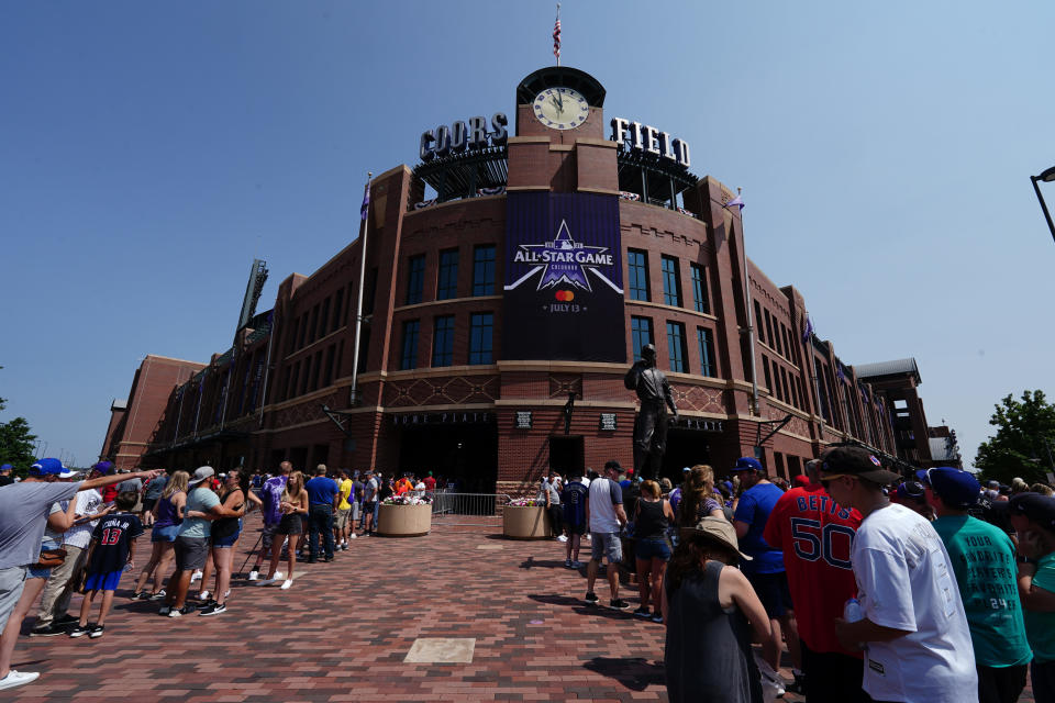 Jul 11, 2021; Denver, CO, USA; General view outside of Coors Field as fans await to enter before the start of the 2021 MLB All Star Futures Game. Mandatory Credit: Ron Chenoy-USA TODAY Sports