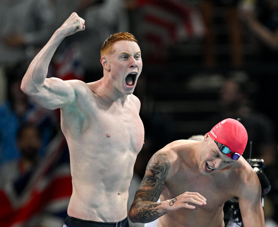 Paris , France - 30 July 2024; Team Great Britain swimmers Tom Dean, left, and Matthew Richards celebrate their win in the men's 4x200m freestyle relay final at the Paris La Défense Arena during the 2024 Paris Summer Olympic Games in Paris, France. (Photo By David Fitzgerald/Sportsfile via Getty Images)