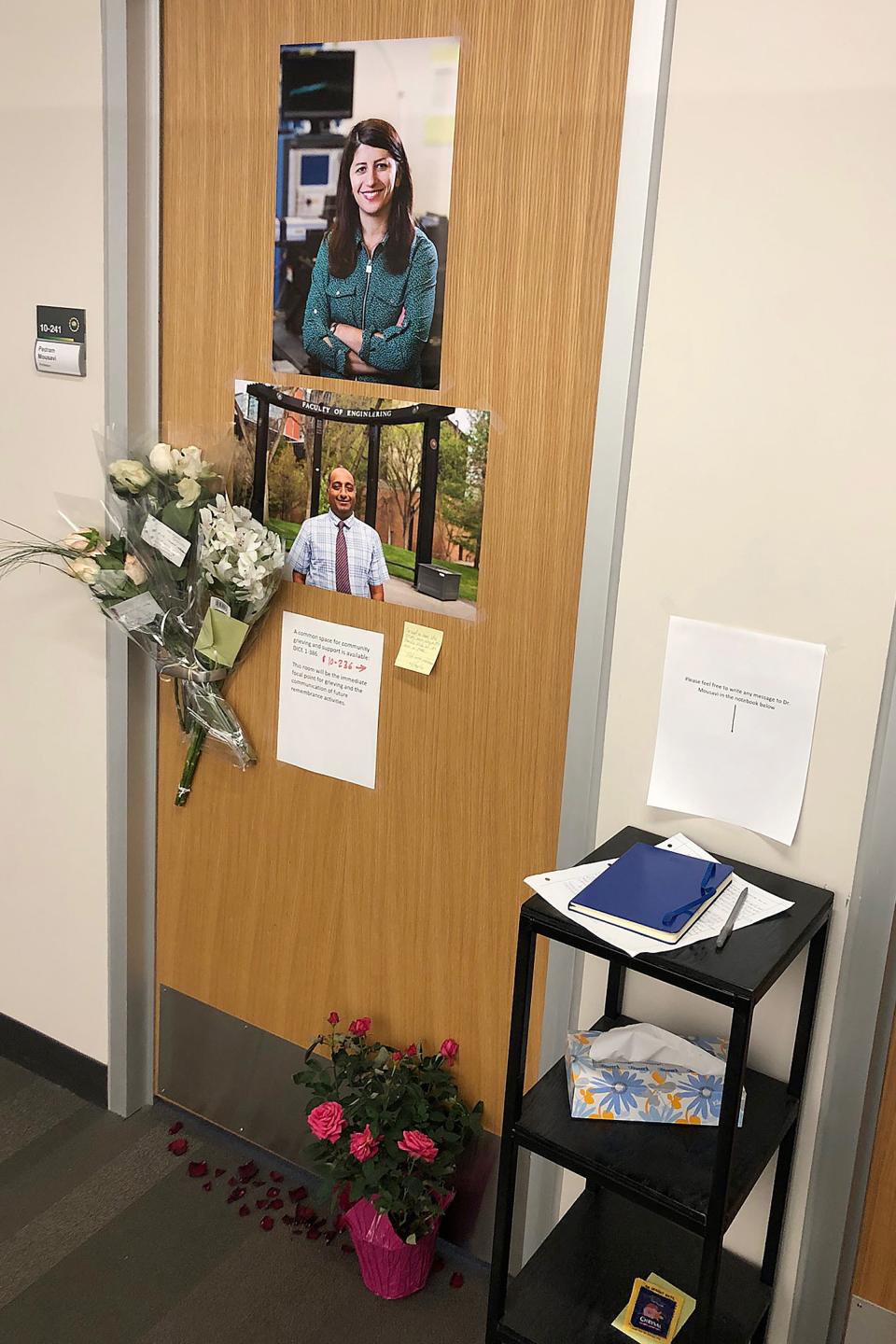 A memorial set up outside the office of Pedram Mousavi, a professor of engineering at the University of Alberta.