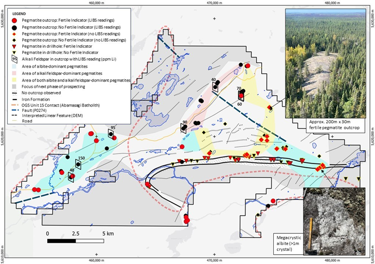 SLP Property outline showing sampled and historically drilled pegmatites with fertile indicators