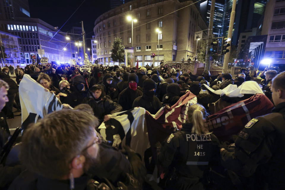 Participants of the Initiative against the Right demonstrate against the election results of the AfD (Alternative for Deutschland) in the state elections in Hesse, in Frankfurt, Germany, Sunday, Oct. 8, 2023. On Sunday, the election for the 21st Hessian state parliament took place in Hesse. (Alex Kraus/dpa via AP)