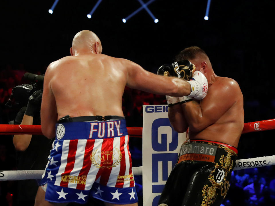 Boxing - Tyson Fury v Tom Schwarz - Heavyweight Fight - MGM Grand Arena, Las Vegas, United States - June 15, 2019       Tyson Fury knocks down Tom Schwarz   REUTERS/Mike Segar