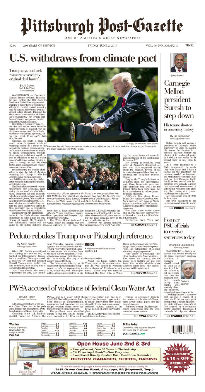 <p>“Pittsburgh Post-Gazette,” published in Pittsburgh, Pa. (Newseum) </p>