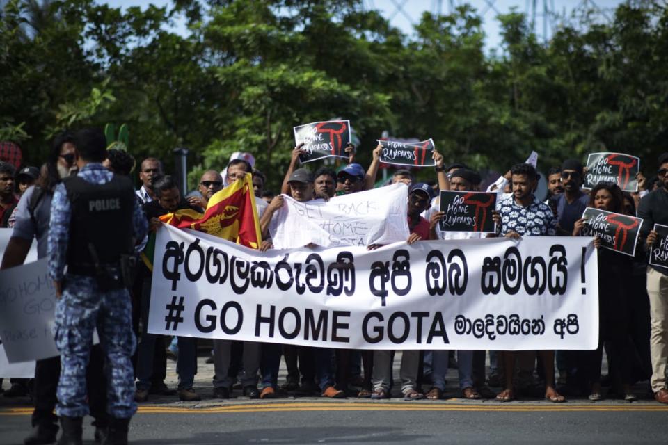 <div class="inline-image__caption"><p>Demonstration against Sri Lankan President Gotabaya Rajapaksa in the Maldives, who fled his own country after protesters overran his official residence.</p></div> <div class="inline-image__credit">AFP / Getty</div>