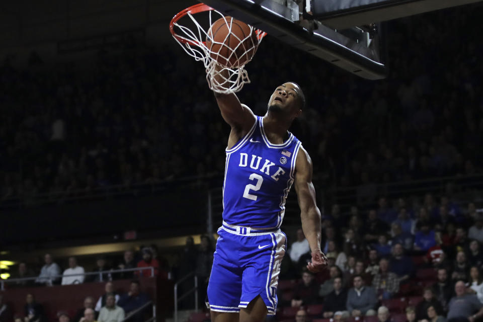 Duke guard Cassius Stanley (2) slams a dunk during the first half of an NCAA college basketball game against Boston College in Boston, Tuesday, Feb. 4, 2020. (AP Photo/Charles Krupa)