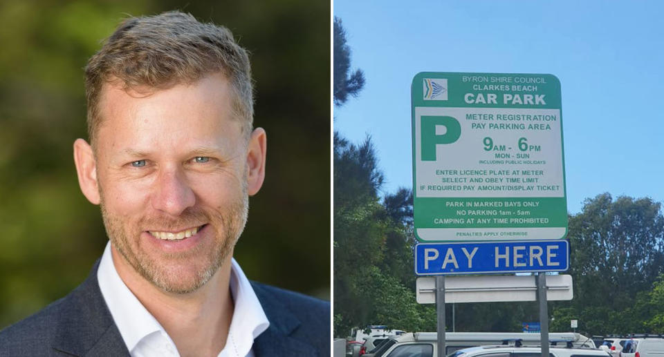 Left: A photo of Byron Shire Mayor Michael Lyon, and (right) a paid parking sign at Clarkes Beach. Source: Facebook