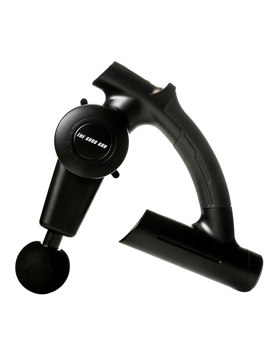 A black Good Gun Massage Gun with a curved handle.