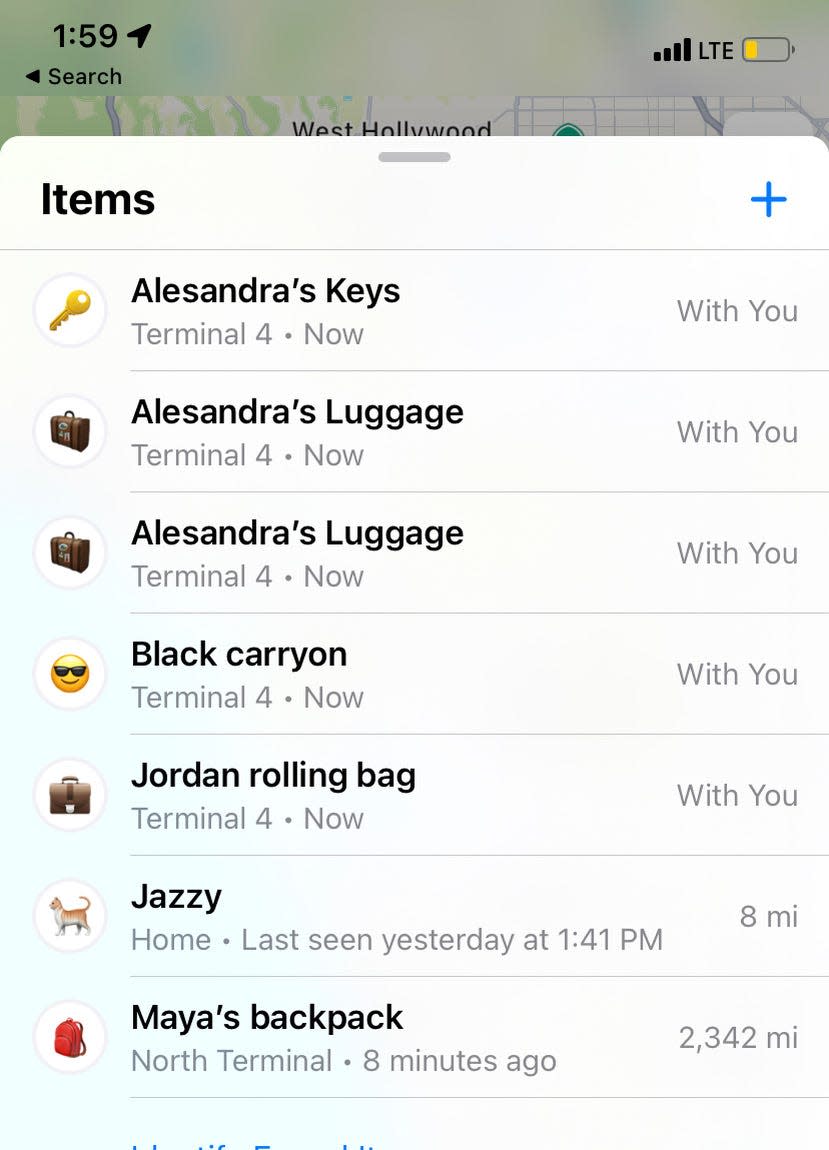 A screenshot listing the location of luggage and keys