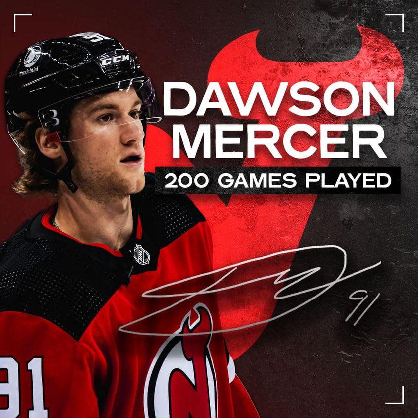 New Jersey Devils forward Dawson Mercer played in his 200th consecutive NHL game on Wednesday, an iron man streak that began in his NHL debut on Oct. 15, 2021. (Facebook/New Jersey Devils - image credit)