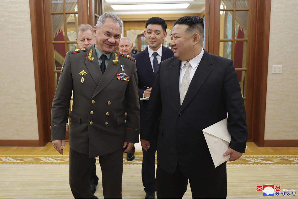 In this photo provided by the North Korean government, North Korean leader Kim Jong Un, right, meets with Russian Defense Minister Sergei Shoigu at the headquarters of the ruling Workers’ Party’s Central Committee in Pyongyang, North Korea Wednesday, July 26, 2023. Independent journalists were not given access to cover the event depicted in this image distributed by the North Korean government. The content of this image is as provided and cannot be independently verified. Korean language watermark on image as provided by source reads: "KCNA" which is the abbreviation for Korean Central News Agency. (Korean Central News Agency/Korea News Service via AP)