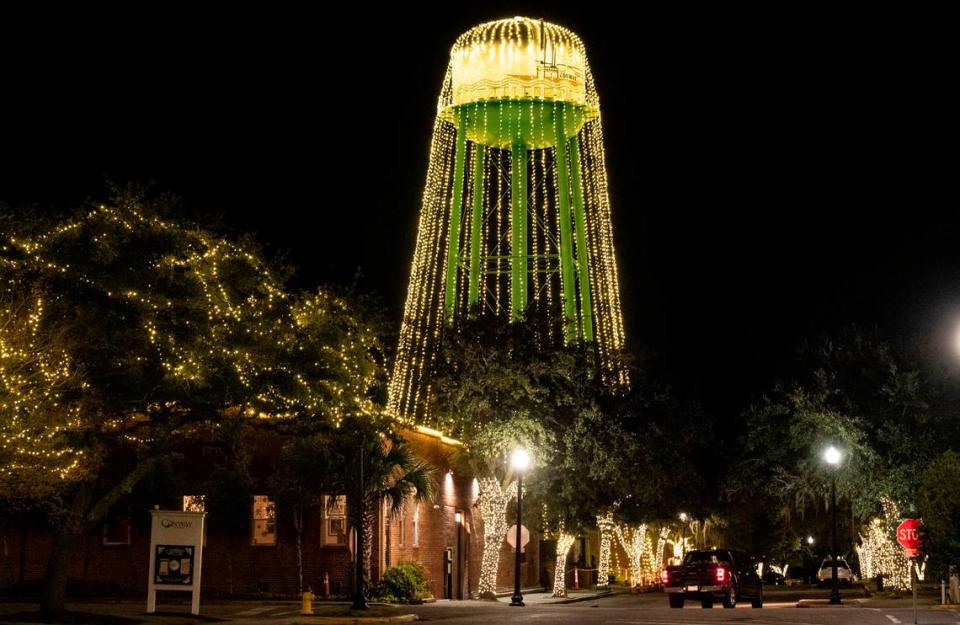 The Conway water tower is draped in lights, just one of many festive displays around the river town community. Towns around the Myrtle Beach area have begun decorating for the holidays with many festivities scheduled throughout Horry County, S.C. this season. November 25, 2022.