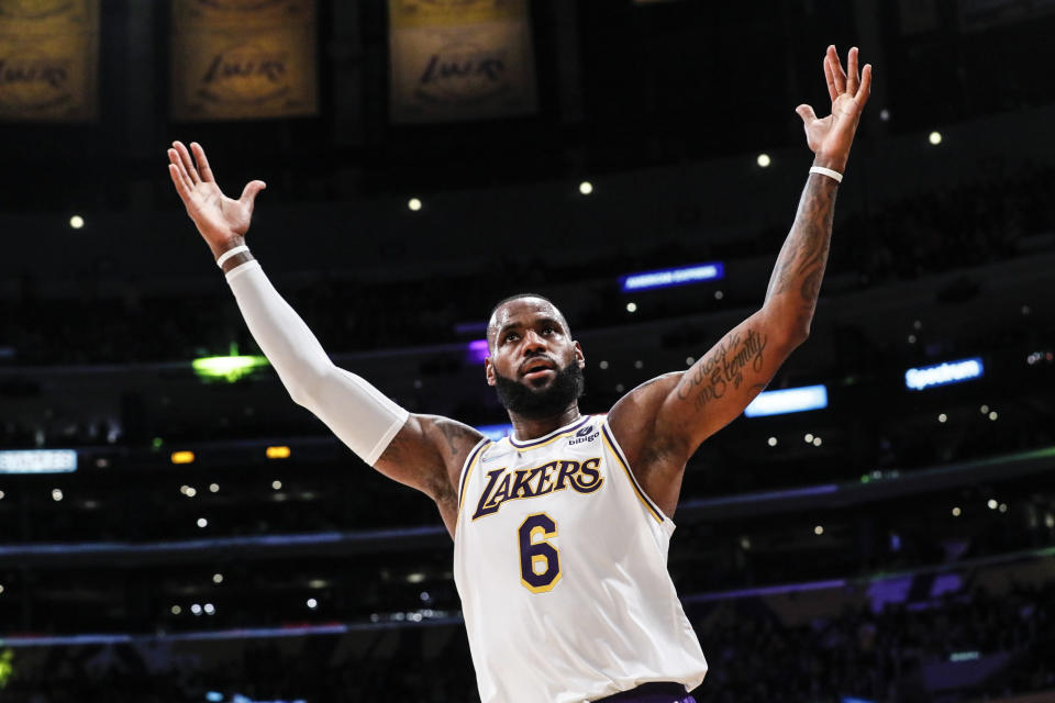 Los Angeles, CA, Sunday, November 28, 2021 - Los Angeles Lakers forward LeBron James (6) exults while leading his team on a second half run against the Detroit Pistons at Staples Center. (Robert Gauthier/Los Angeles Times via Getty Images)