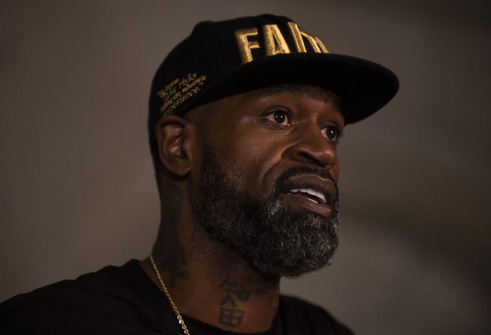 MINNEAPOLIS, MN - JUNE 2: Stephen Jackson, a friend of George Floyd, speaks at a press conference on June 2, 2020 in Minneapolis, Minnesota. The former NBA Player joined Roxie Washington, the mother of George Floyd's daughter Gianna Floyd, to speak about the impact of his death on their family. (Photo by Stephen Maturen/Getty Images)