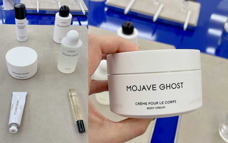 Mojave Ghost莫哈維之影全系列除了香水，還有身體乳霜、護手霜、滾珠油、體香噴霧、沐浴精品項，右邊的身體乳霜更是只有在台北信義微風專門店才有販售唷！（圖／黃筱婷攝）