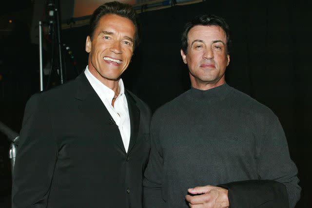 <p>Kevin Winter/ImageDirect.</p> Arnold Schwarzenegger and Sylvester Stallone on May 19, 2002